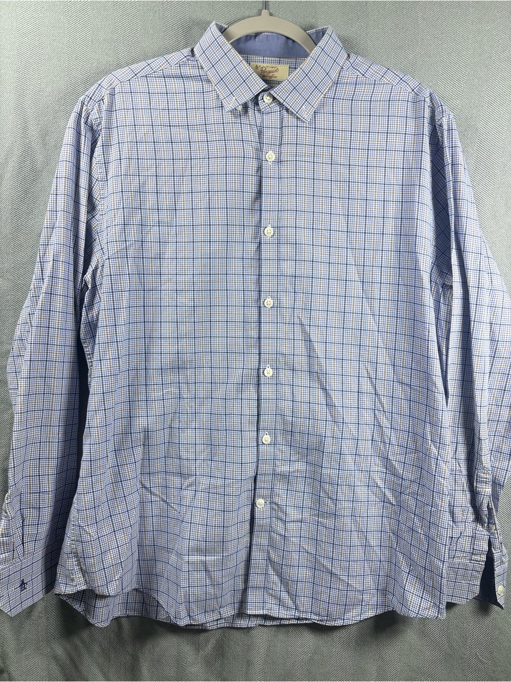 Penguin Men's Blue Checked Button-Down Dress Shirt 0720